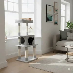 A tall, sturdy grey cat tree with scratching posts and a sleeping perch in a modern British living room.