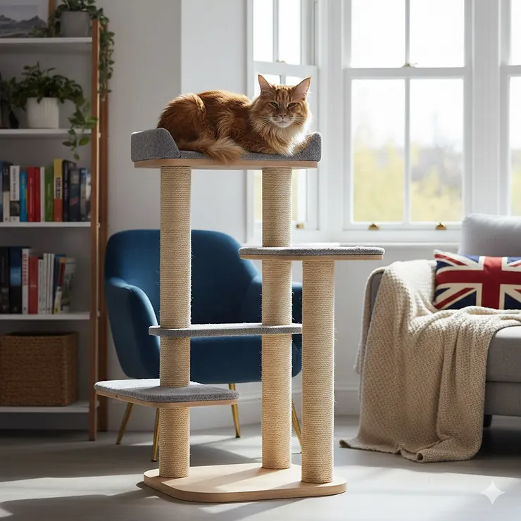 A large Maine Coon cat sitting comfortably on a sturdy, multi-level cat tree in a modern British living room. best cat tree for large cats UK