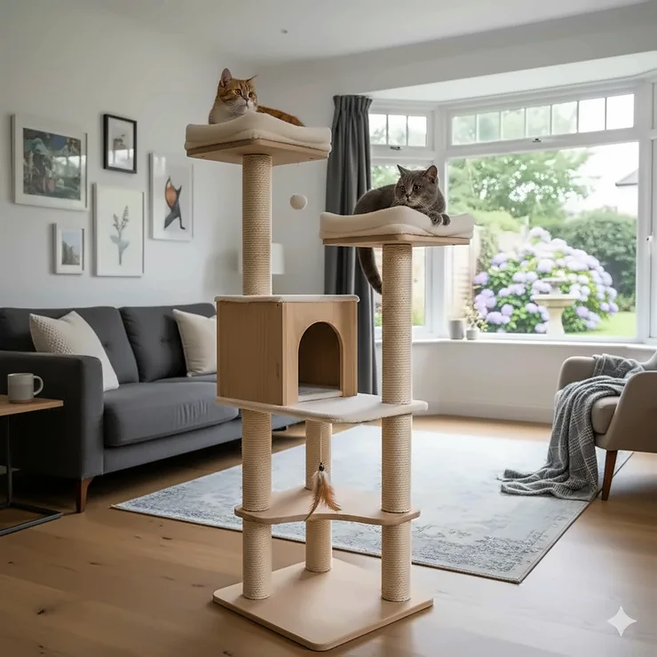 A high-quality multi-level wooden cat tree standing in a modern British living room, featuring sisal scratching posts and a soft cream perch. best cat tree UK