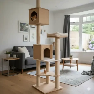 Compact floor-to-ceiling cat tree designed for small UK flats and apartments with grey felt padding.