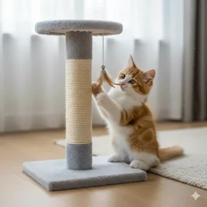 A budget-friendly small cat scratching post with a dangling toy, ideal for kittens.