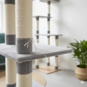 Close-up of durable natural sisal rope wrapped around the pillars of a cat tree climber to encourage healthy scratching.