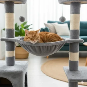 A ginger tabby cat lounging in a soft, fleece-lined hammock attached to a multi-level cat tree climber.