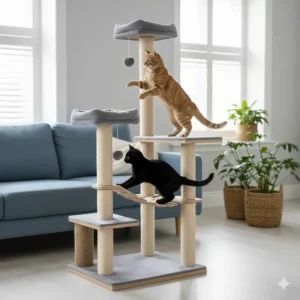 A cat tree climber featuring an integrated pom-pom toy and a bridge to keep indoor cats entertained and active.