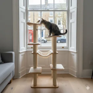 A compact cat tree placed next to a window in a UK flat, allowing a cat to look out at the garden or street.