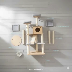 Diagram showing the easy assembly process of a modular cat tree with scratching post components.