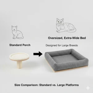 A diagram comparing a standard cat tree perch with an oversized, extra-wide bed designed specifically for large British Shorthair cats.