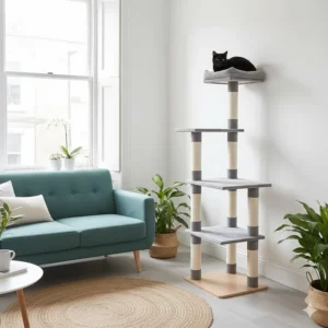 A space-saving cat tree climber designed for UK flats, featuring a narrow base and three climbing levels.