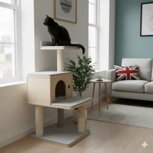 A space-saving cat tree with scratching post designed to fit into the corner of a small UK flat.