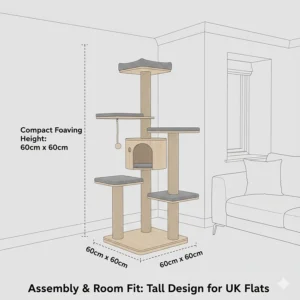 Illustration showing the footprint dimensions of a tall but compact cat tree, designed to fit into a corner of a British flat or living room.