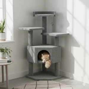 A small grey corner cat tree designed to fit neatly into the corner of a lounge to maximise floor space in a flat.