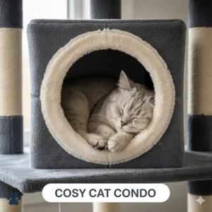 A plush, fabric-lined cat hideaway hole within a corner cat tree, perfect for a British Shorthair to nap.