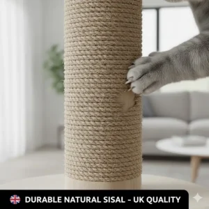 Close-up illustration of thick natural sisal rope wrapped around a heavy-duty scratching post for large cats.