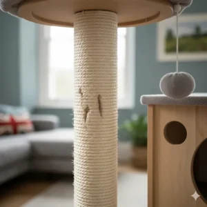 Close-up illustration of a natural sisal rope scratching post on a sturdy cat tree for claws health.