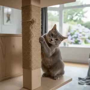 Close-up of a cat tree with heavy-duty natural sisal rope scratching posts for claw health.