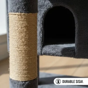 Close-up illustration of natural sisal rope-wrapped pillars on a cat tree, designed for heavy scratching.