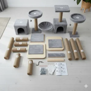 An overhead view of the components and tools included in an easy-to-assemble cat tree climber kit.