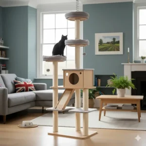 An adjustable floor-to-ceiling cat tree with scratching post and tension rod for extra stability.