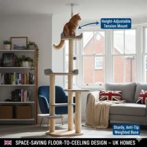 Illustration of a height-adjustable floor-to-ceiling cat tree with a tension spring for maximum stability in UK flats.