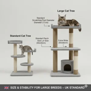 A diagram comparing a standard cat tree to a large-breed model, highlighting extra-wide perches and thicker scratching posts.