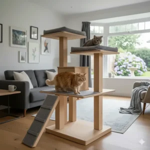 A cat tree with easy-access steps and low-level perches designed for older cats with limited mobility.