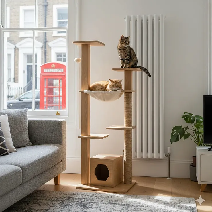 A modern cat tree for a small flat in the UK, standing in a bright living room next to a white radiator with a view of a London street. cat tree for small flat UK