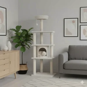 Modern yet inexpensive cat furniture in a neutral cream colour that matches British home decor.