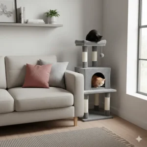 An affordable multi-level cat climbing frame with two platforms and a central hideaway hole.