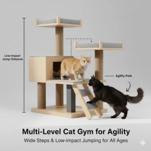 A layout of a multi-level cat gym with wide steps and low-impact jumping distances for older or heavier large-breed cats.