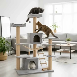 Two cats playing on a large cat tree climber with multiple platforms, ladders, and a hideaway box.