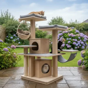 Large multi-cat activity centre with several sleeping baskets, hammocks, and play tunnels.