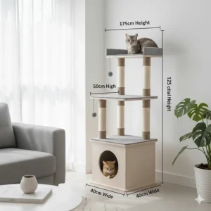 A multi-level cat tree with a built-in hideaway pod, perfectly sized for a UK studio flat or small bedroom.