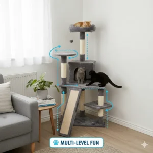Illustration of a five-tier corner cat tree showing different levels for climbing, jumping, and perching.
