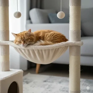 A ginger tabby cat sleeping in a plush hammock attached to an affordable cat activity centre.