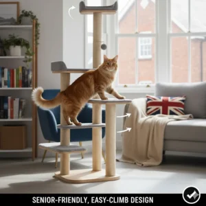 Diagram showing a stepped easy-climb layout for older large cats to reach high platforms safely.