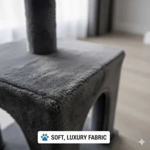 High-resolution texture shot of the charcoal grey faux fur material used on a luxury corner cat tree.