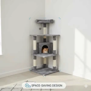 Illustration showing how a corner cat tree fits flush against two walls to save floor space in a small UK flat.
