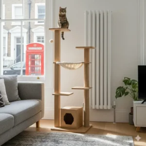 A space-saving tall cat tree that reaches the ceiling, designed specifically for narrow spaces in a compact UK flat.
