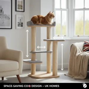 Illustration of a slim but tall cat tree designed to fit into the corner of a typical British terraced house.