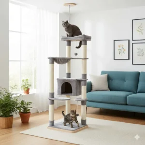 A floor-to-ceiling cat tree climber with a tension rod for extra stability, perfect for active British Shorthair cats.