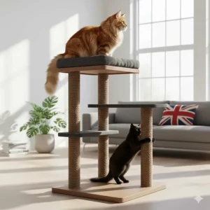 Illustration of a reinforced cat tree with scratching post suitable for larger breeds like Maine Coons.