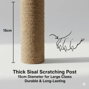 Close-up illustration of extra-thick 15cm diameter scratching posts wrapped in natural sisal for durability against large claws.