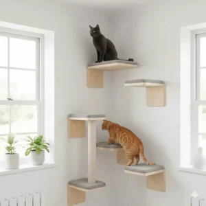 Wall-mounted cat shelves and climbing steps installed on a white wall to provide a vertical play area in a small UK flat.
