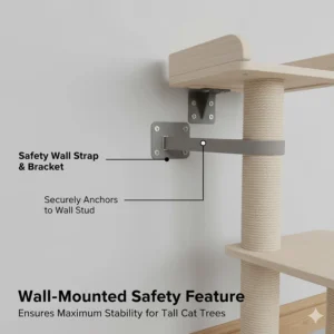 Illustration of a safety wall strap and bracket securing a tall cat tower to a wall to ensure maximum stability in a UK lounge.