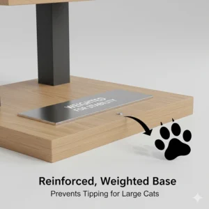 Illustration showing a reinforced, weighted wooden base of a cat tree to prevent wobbling or tipping when a heavy cat jumps.