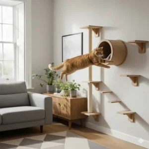 A ginger tabby cat jumping between platforms on a bespoke cat wall climbing system.