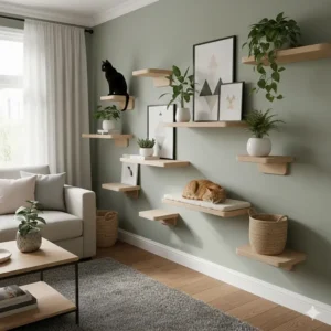 Neutral-toned cat wall shelves decorated with cat-safe houseplants, blending pet furniture with British interior design.