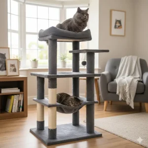 A sturdy yet cheap cat tree with a reinforced base suitable for larger breeds like British Shorthairs.