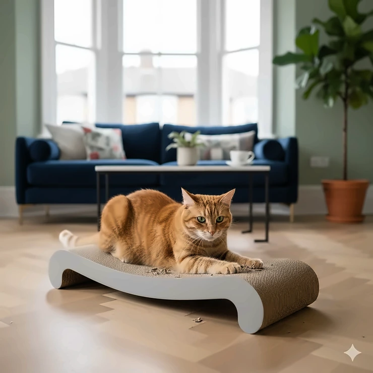 A ginger tabby cat using a premium cardboard horizontal cat scratcher on a light oak floor in a British living room. horizontal cat scratcher