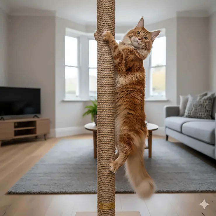 A large Maine Coon cat fully stretched out while using a tall, sturdy sisal scratching post in a modern British living room. scratching post for large cats